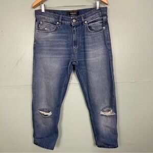 Versace Logo Patch Distressed Denim Jean Blue Taylor Fit Size 34